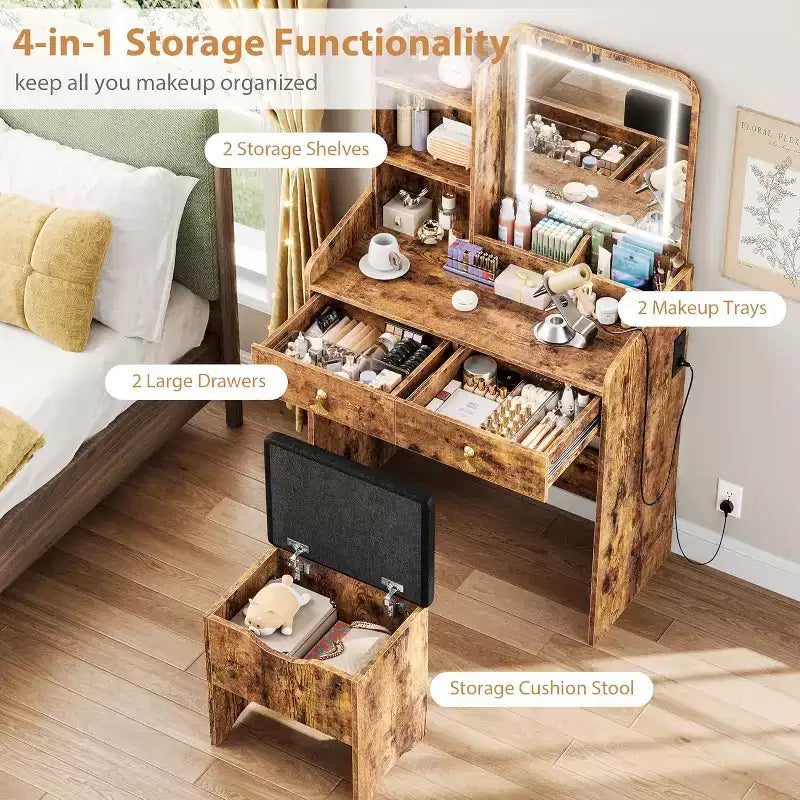 Vanity Desk with Mirror, Small Makeup Vanity Table Set with Storage Drawers & Chair, 3 Lighting Modes, Dressing Table for Women Girls