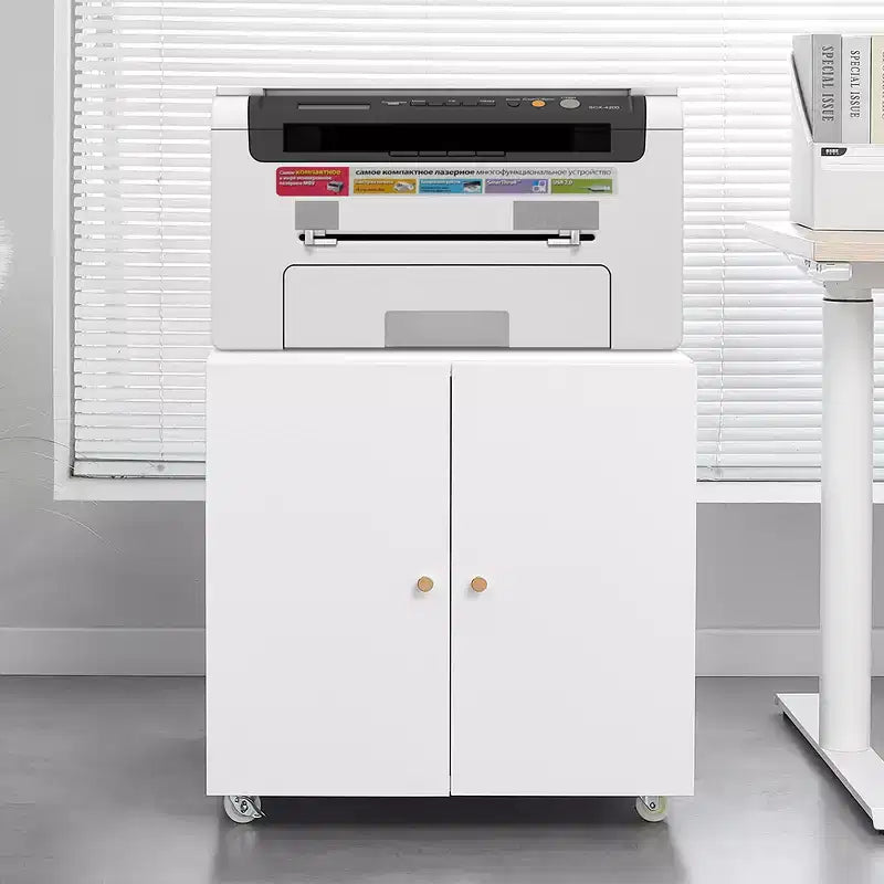 Steel Double-Door Printer Cabinet with Lockable Casters, Modern Storage Organizer