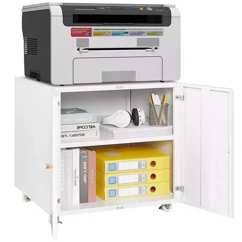 Steel Double-Door Printer Cabinet with Lockable Casters, Modern Storage Organizer