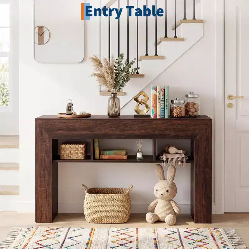 Console de 160 cm de long pour entrée avec étagères de rangement supplémentaires, table de canapé de ferme, table de couloir pour salon, entrée, foyer