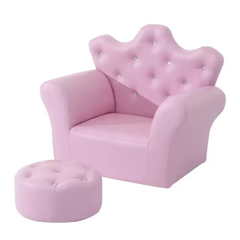 Kids Princess Sofa Chair with Crown Backrest and Matching Footstool Pink