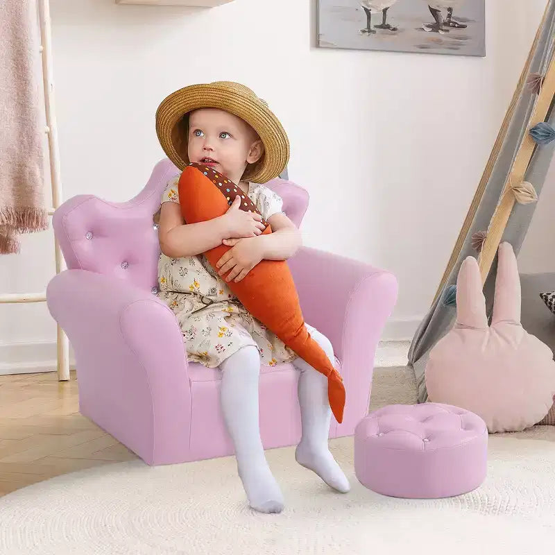 Fauteuil canapé princesse pour enfants avec dossier couronne et pouf assorti rose