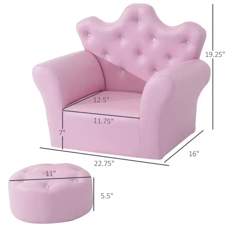 Fauteuil canapé princesse pour enfants avec dossier couronne et pouf assorti rose