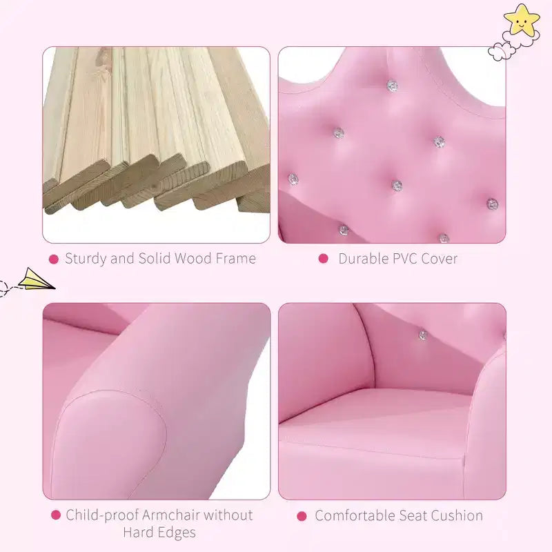Fauteuil canapé princesse pour enfants avec dossier couronne et pouf assorti rose