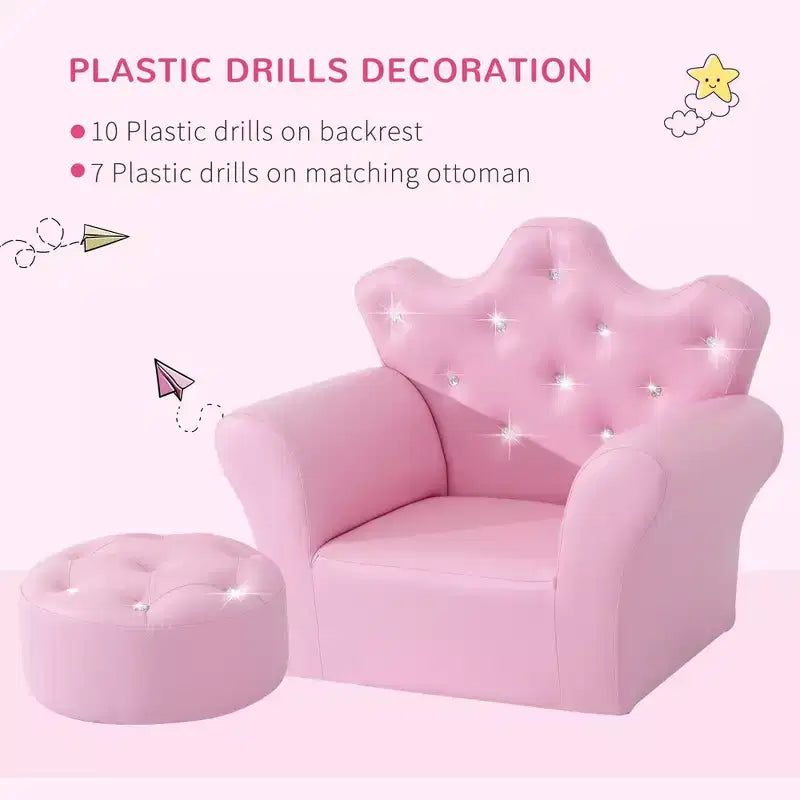 Fauteuil canapé princesse pour enfants avec dossier couronne et pouf assorti rose