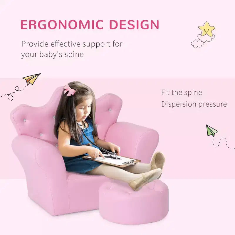 Fauteuil canapé princesse pour enfants avec dossier couronne et pouf assorti rose