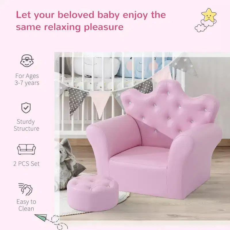 Fauteuil canapé princesse pour enfants avec dossier couronne et pouf assorti rose
