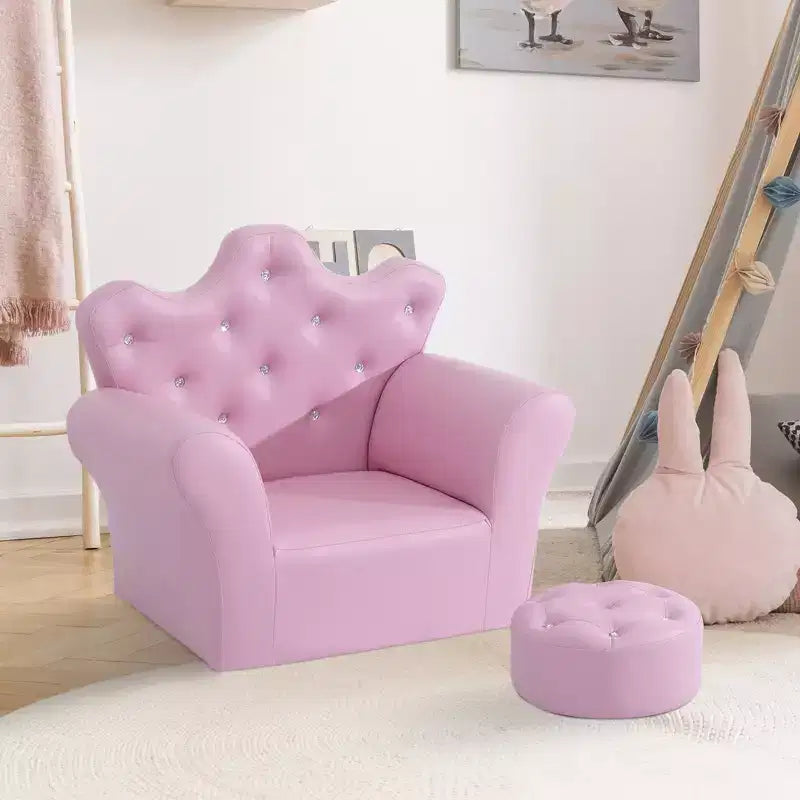 Fauteuil canapé princesse pour enfants avec dossier couronne et pouf assorti rose