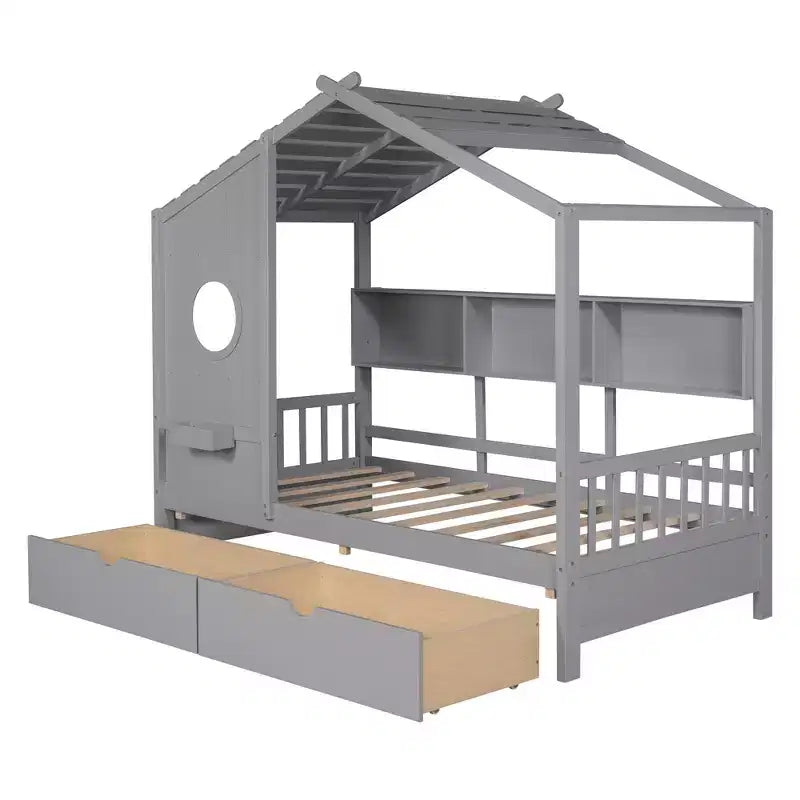 Letto in legno a forma di casa Twin/Full Size con 2 cassetti, letto per bambini con scaffale portaoggetti - ModernLuxe