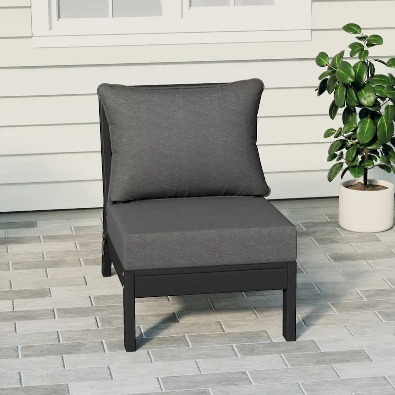 Polytrends Birchwood Sedia senza braccioli da esterno per patio con seduta profonda in HDPE per tutte le stagioni, nera con cuscini (1 pezzo)