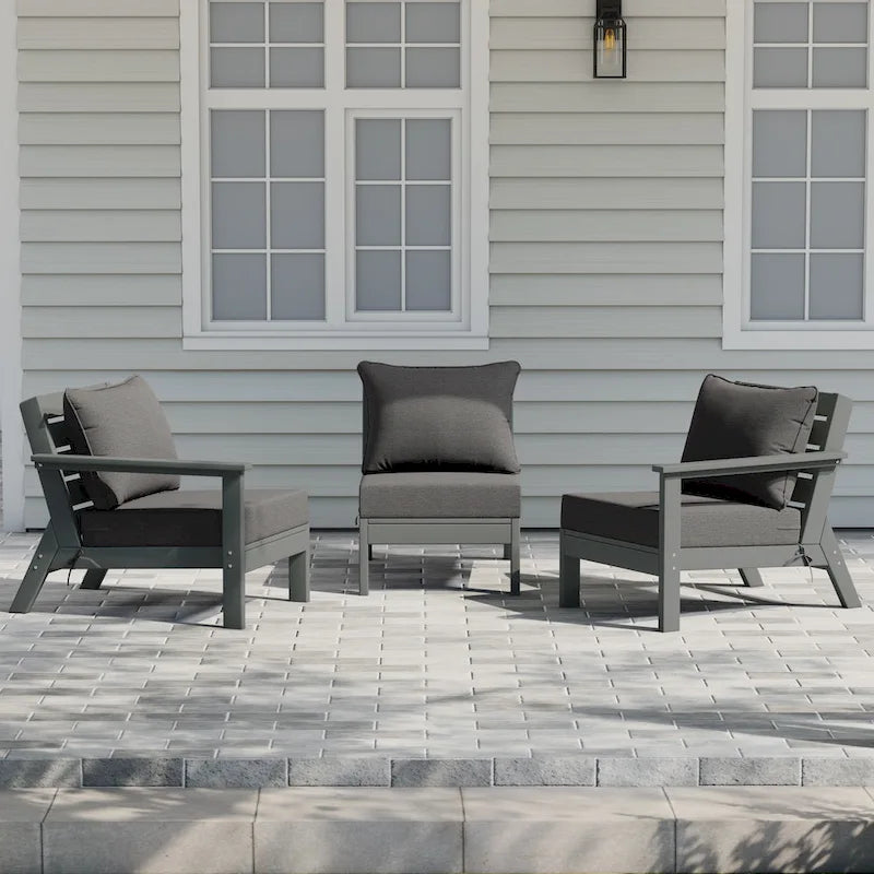 Polytrends Birchwood Divano da esterno a tre posti in HDPE resistente alle intemperie con cuscini, grigio (3 pezzi)