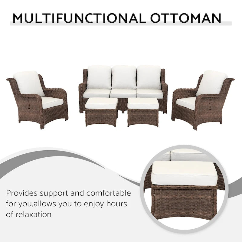 Set da conversazione componibile da esterno in rattan a 5 pezzi con divano a 3 posti, 2 sedie e pouf per patio o balcone