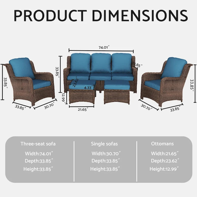 Set da conversazione componibile da esterno in rattan a 5 pezzi con divano a 3 posti, 2 sedie e pouf per patio o balcone