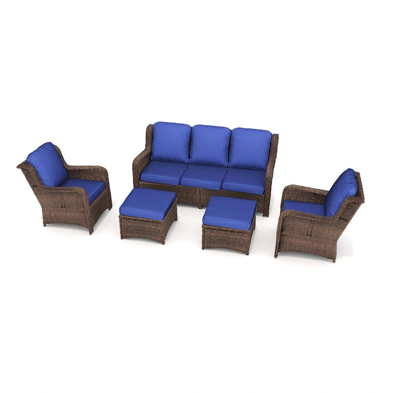 Set da conversazione componibile da esterno in rattan a 5 pezzi con divano a 3 posti, 2 sedie e pouf per patio o balcone