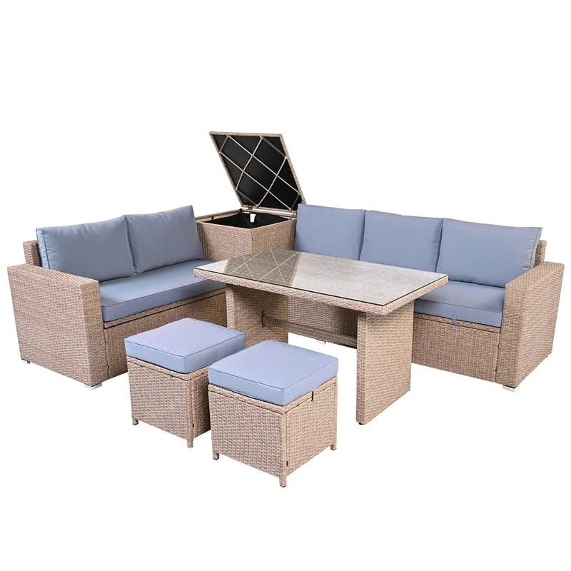 Set Divano 6 Pezzi in Rattan PE per Tutte le Stagioni con Seduta Regolabile, Contenitore, Fodere Rimovibili