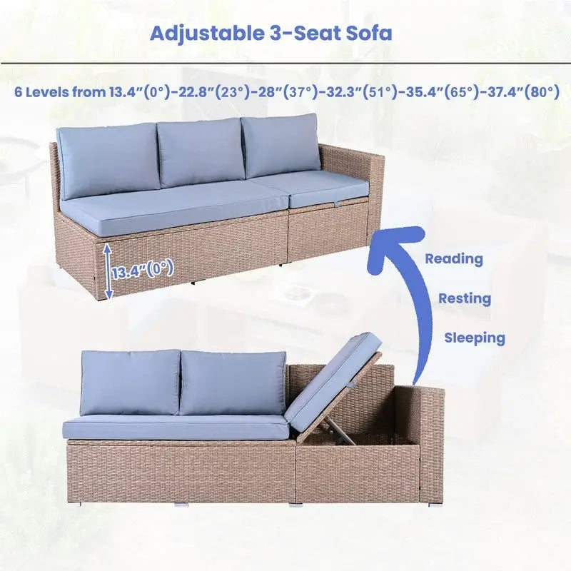Set Divano 6 Pezzi in Rattan PE per Tutte le Stagioni con Seduta Regolabile, Contenitore, Fodere Rimovibili
