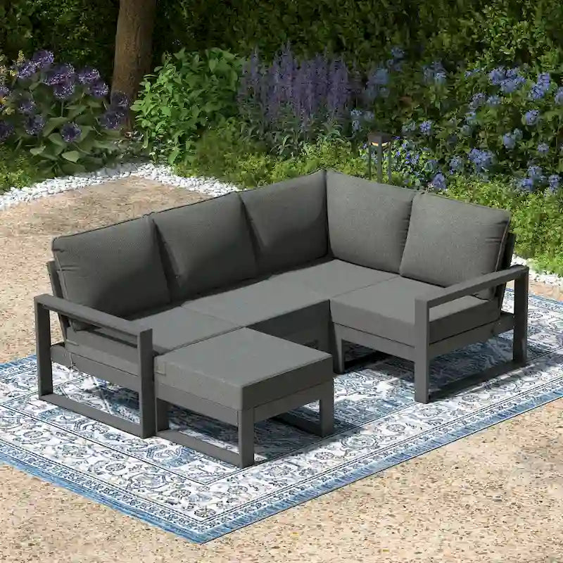 Set da salotto profondo Polytrends Endless Patio 5 pezzi con pouf con struttura grigia