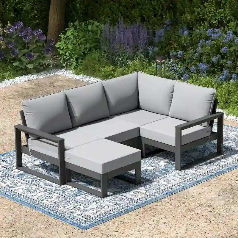 Set da salotto profondo Polytrends Endless Patio 5 pezzi con pouf con struttura grigia
