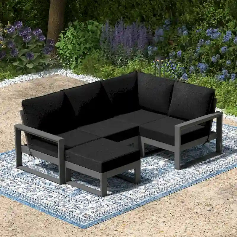 Set da salotto profondo Polytrends Endless Patio 5 pezzi con pouf con struttura grigia