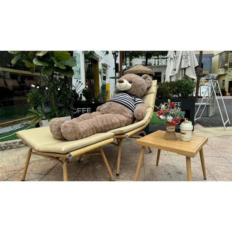 Chaise longue con tavolo per esterni e interni, telaio in lega color legno, capacità 172 kg, con cuscino reclinabile
