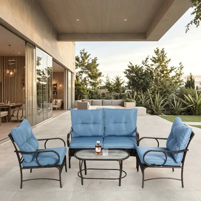 Set da salotto da esterno in vimini da 4 pezzi con cuscino, per portico e terrazza