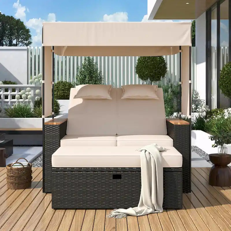 Lit de repos extérieur en rotin - Causeuse 5 positions réglable avec toit et coussins