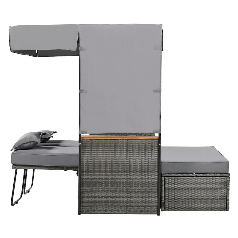 Lit de repos extérieur en rotin - Causeuse 5 positions réglable avec toit et coussins