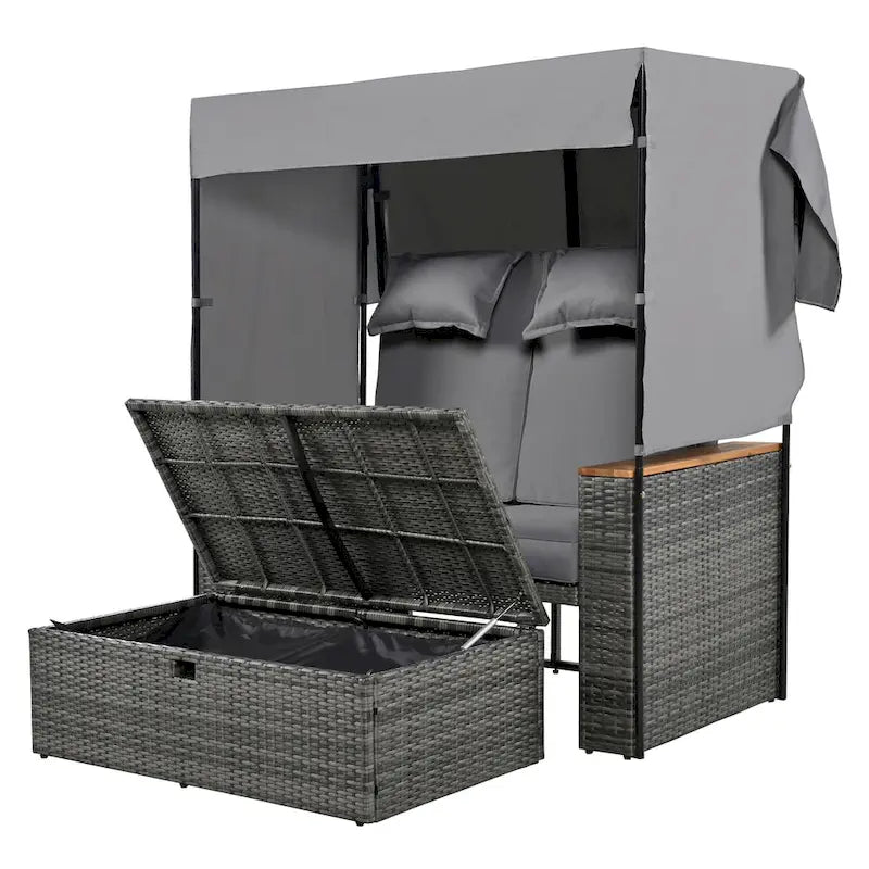 Lit de repos extérieur en rotin - Causeuse 5 positions réglable avec toit et coussins