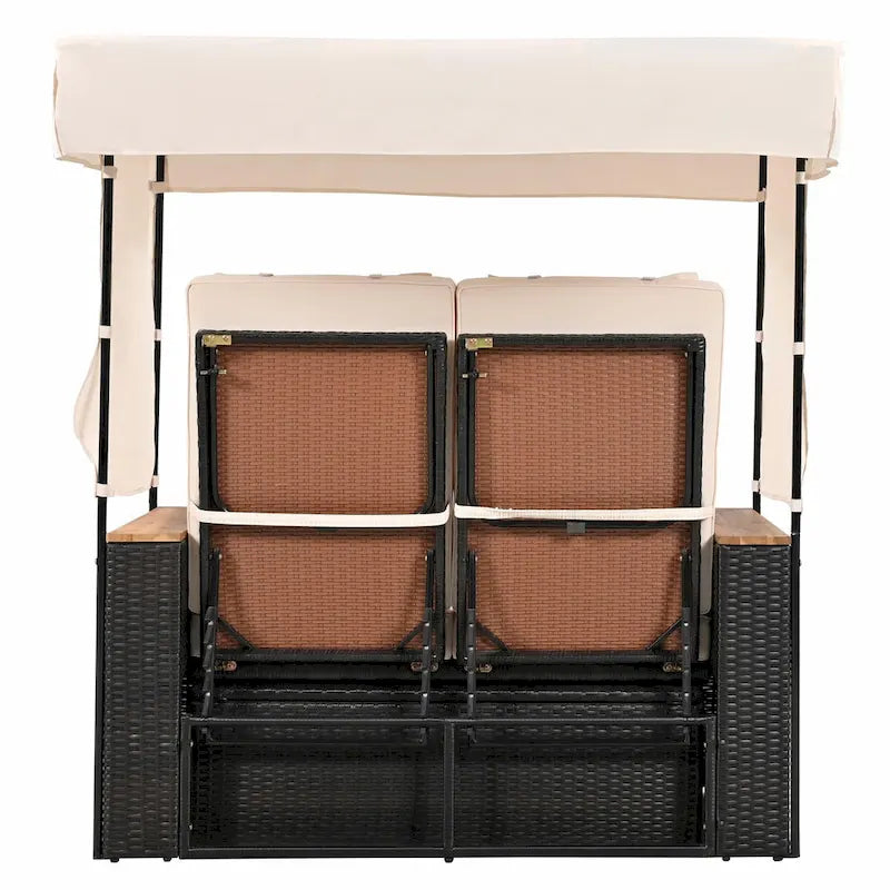 Lit de repos extérieur en rotin - Causeuse 5 positions réglable avec toit et coussins