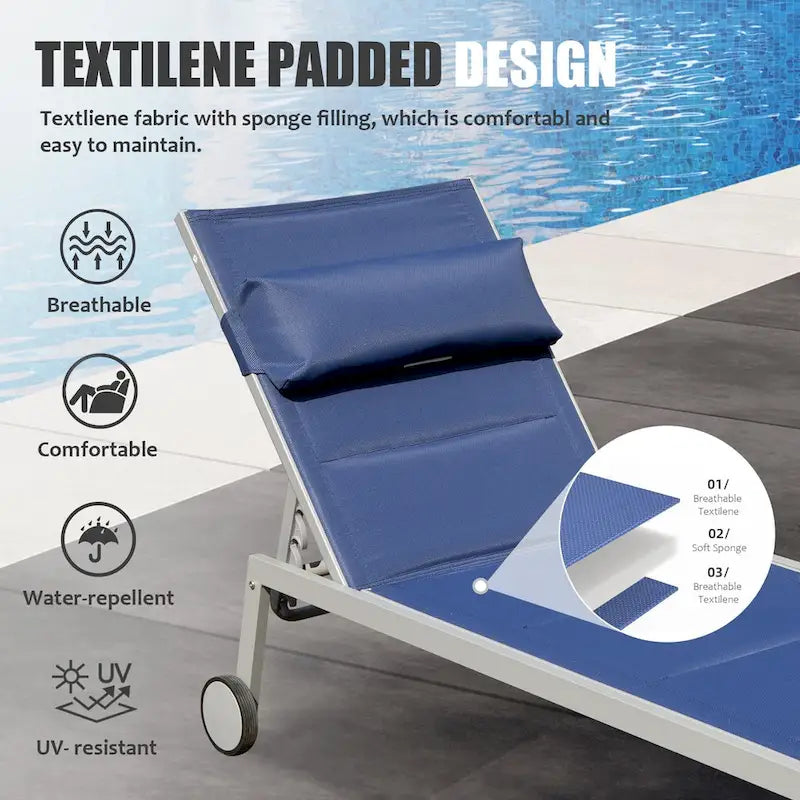 Set di 3 sedie a sdraio da esterno per patio, lettini da piscina in alluminio con tavolino laterale e ruote