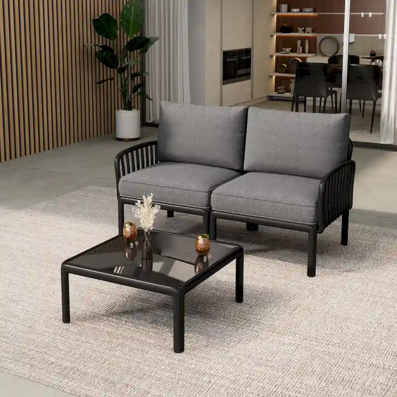 Christopher Knight Home - Set conversazione moderno da patio Afra a 3 pezzi con cuscini impermeabili