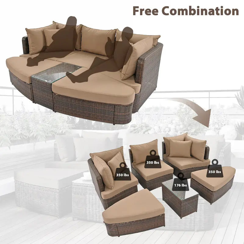 Set divano modulare da esterno a 6 pezzi in rattan con tavolino, combinazione libera