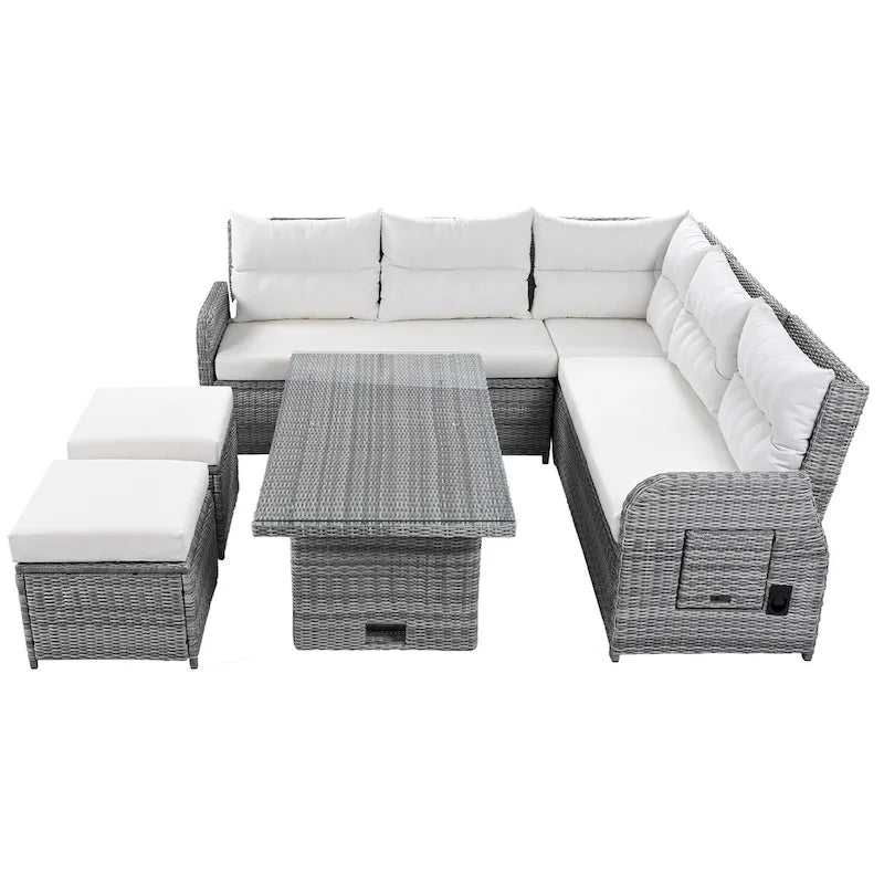 Set divano componibile in rattan da esterno con tavolo ad altezza regolabile e 2 sedute reclinabili, tavolini laterali estensibili