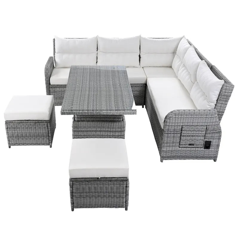 Set divano componibile in rattan da esterno con tavolo ad altezza regolabile e 2 sedute reclinabili, tavolini laterali estensibili