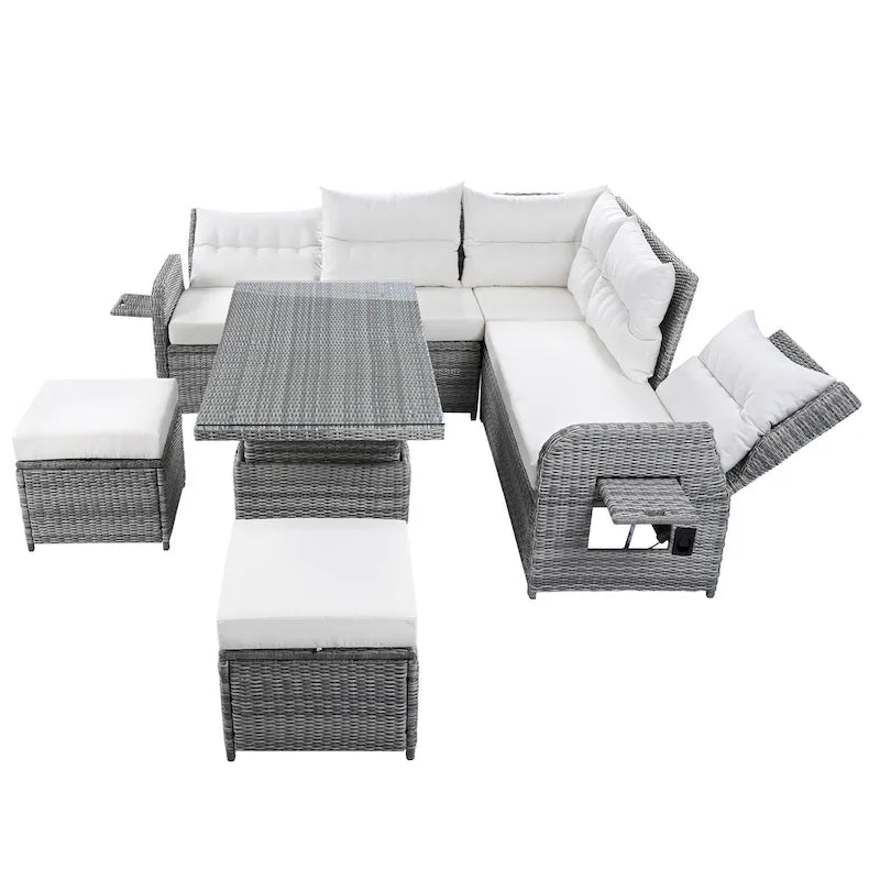 Set divano componibile in rattan da esterno con tavolo ad altezza regolabile e 2 sedute reclinabili, tavolini laterali estensibili