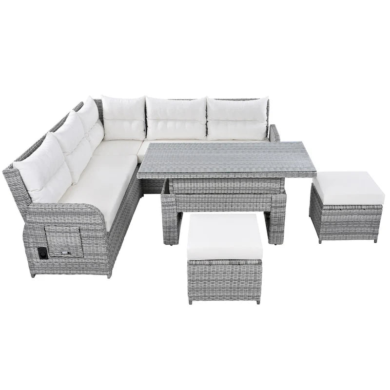 Set divano componibile in rattan da esterno con tavolo ad altezza regolabile e 2 sedute reclinabili, tavolini laterali estensibili