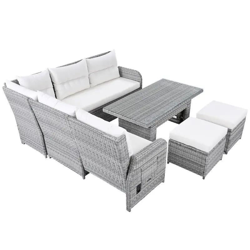Set divano componibile in rattan da esterno con tavolo ad altezza regolabile e 2 sedute reclinabili, tavolini laterali estensibili