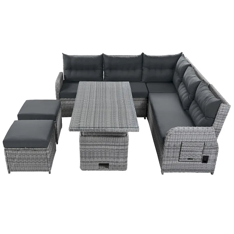 Set divano componibile in rattan da esterno con tavolo ad altezza regolabile e 2 sedute reclinabili, tavolini laterali estensibili