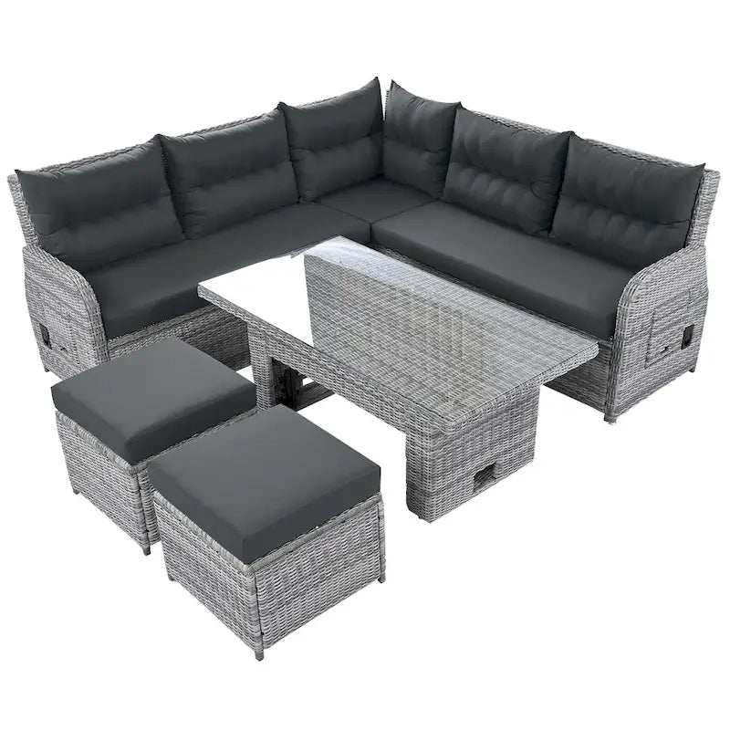 Set divano componibile in rattan da esterno con tavolo ad altezza regolabile e 2 sedute reclinabili, tavolini laterali estensibili