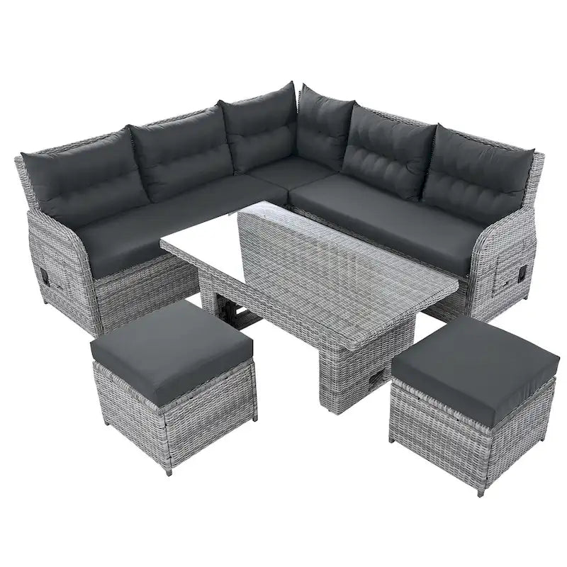 Set divano componibile in rattan da esterno con tavolo ad altezza regolabile e 2 sedute reclinabili, tavolini laterali estensibili