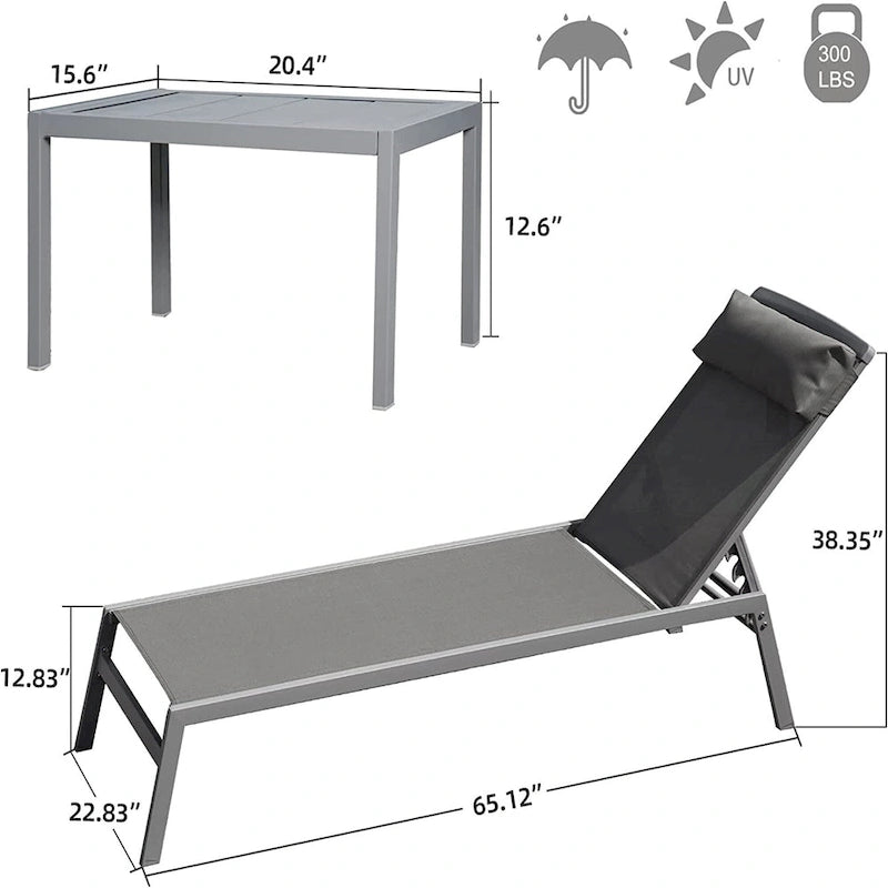Set di 3 pezzi di sedie a sdraio da esterno, in alluminio regolabili per piscina, reclinabili per prendere il sole con poggiatesta, 1 tavolino