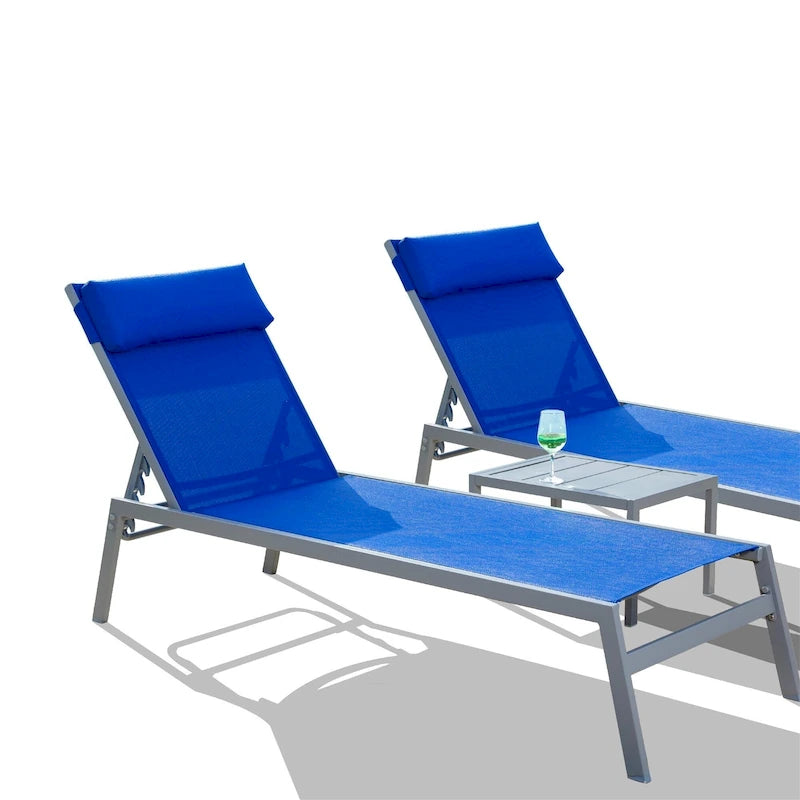 Set Sdraio da Esterno per Patio, 3 Pezzi Poltrone Reclinabili con Schienale Regolabile con Poggiatesta, 1 Tavolino