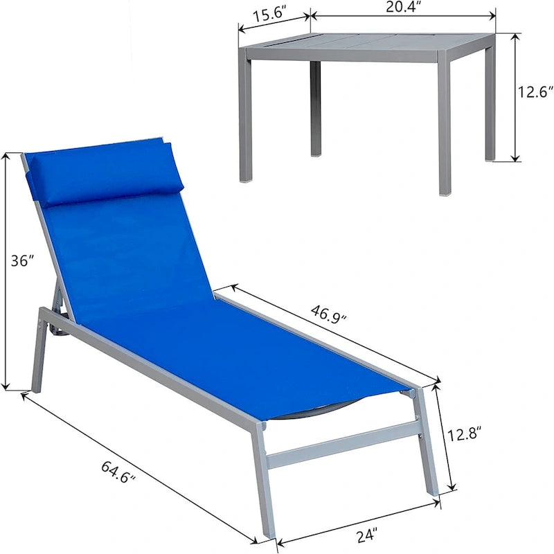 Set Sdraio da Esterno per Patio, 3 Pezzi Poltrone Reclinabili con Schienale Regolabile con Poggiatesta, 1 Tavolino