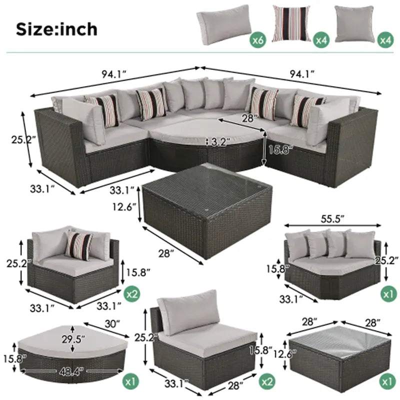 Set Divano da Esterno in Vimini a 7 Pezzi con Cuscini