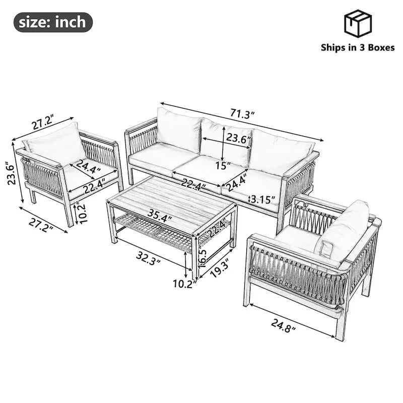 Set da Salotto da Esterno a 4 Pezzi con Cuscini e 1 Tavolino da Caffè