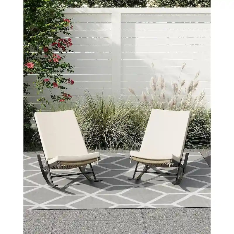 2 chaises berçantes d'extérieur avec coussin épais et cadre en fer
