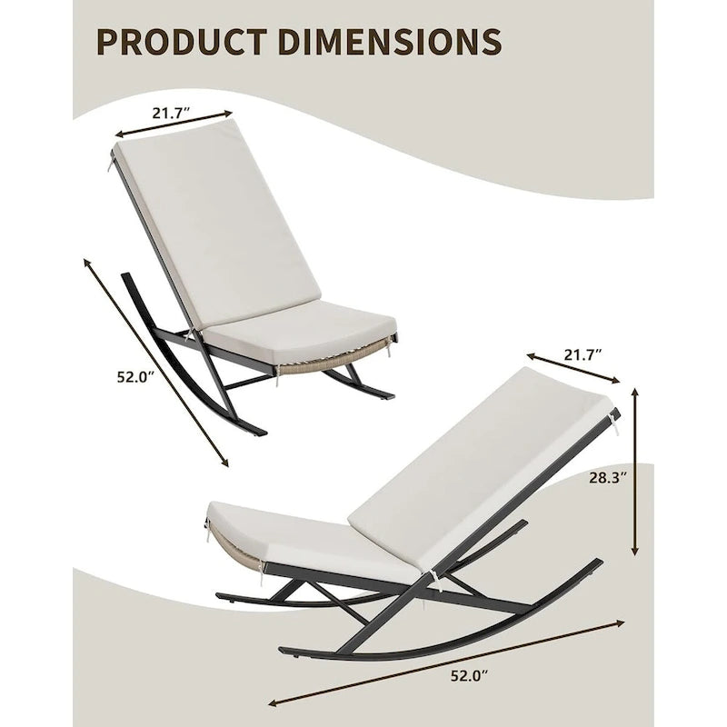 2 chaises berçantes d'extérieur avec coussin épais et cadre en fer