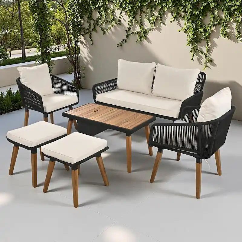 Set salotto da esterno 6 pezzi con divano in corda, tavolino con scomparto refrigerante e 2 sgabelli in legno di acacia