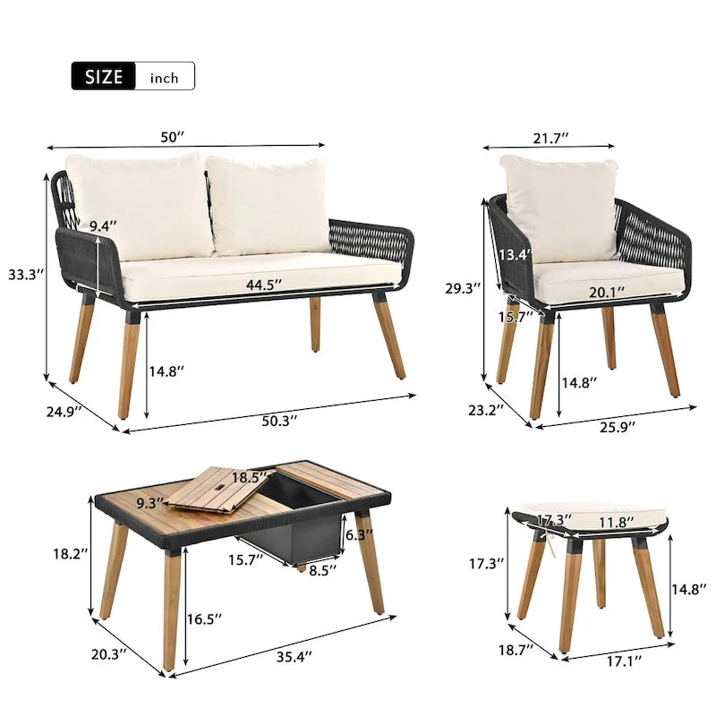 Set salotto da esterno 6 pezzi con divano in corda, tavolino con scomparto refrigerante e 2 sgabelli in legno di acacia