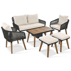 Set salotto da esterno 6 pezzi con divano in corda, tavolino con scomparto refrigerante e 2 sgabelli in legno di acacia